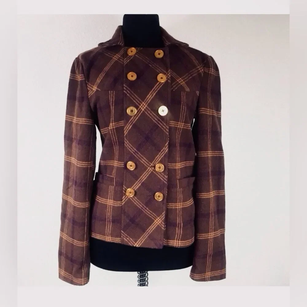 Volcom Plaid Purple and Brown Pea Coat Size SP